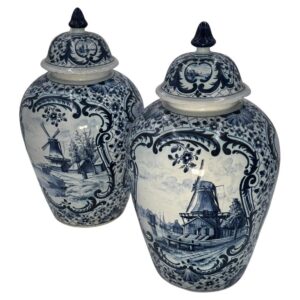 Pair of 19th Century Dutch Earthenware Delft Covered Vases