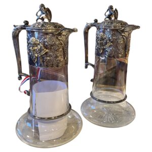 19th Century Pair Irish Sterling Silver Crystal Claret Decanters Marked "E"