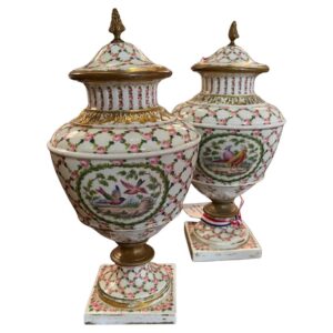 Circa 1900 Pair French Sevres Porcelain Urns with Bronze Mounts
