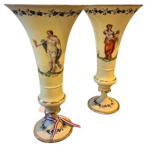 19th Century Pair of French Opaline Hand Painted Trumpet Vases