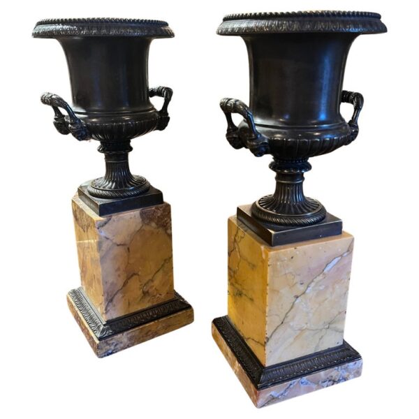 19th Century French Pair Bronze & Sienna Urns