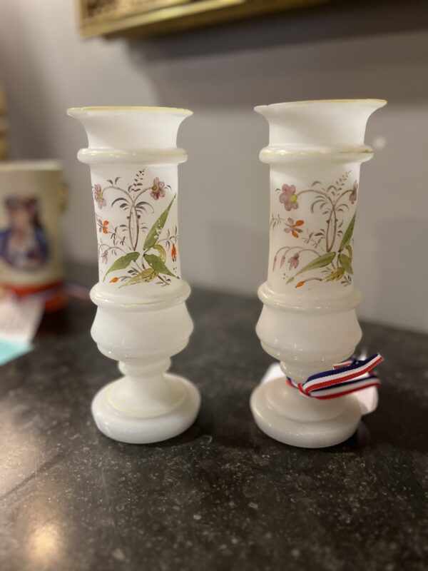 Antique French Pair Opaline Vases Floral - Image 3