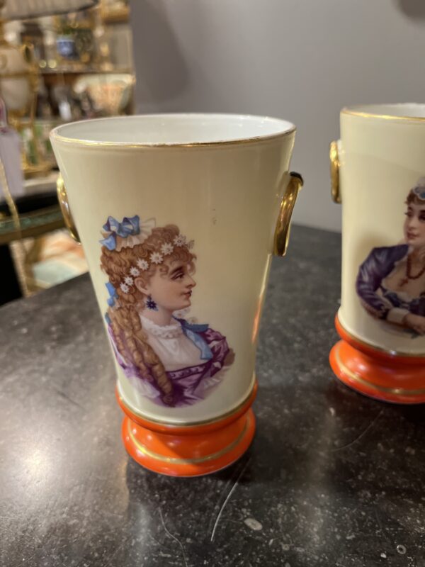 Circa 1930's Pair Portrait Vases Orange Accent - Image 3
