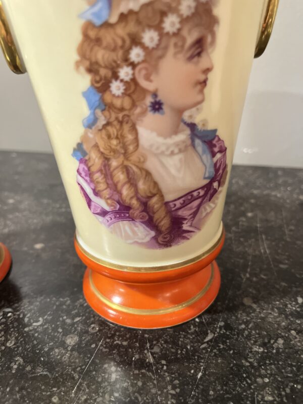 Circa 1930's Pair Portrait Vases Orange Accent - Image 9
