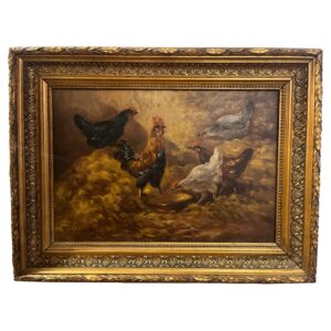 Antique Oil Painting Cockerel & His Hens Paul Henry Schouten 1860-1922