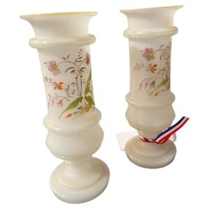 Antique French Pair Opaline Vases Floral