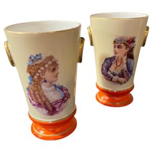 Circa 1930's Pair Portrait Vases Orange Accent